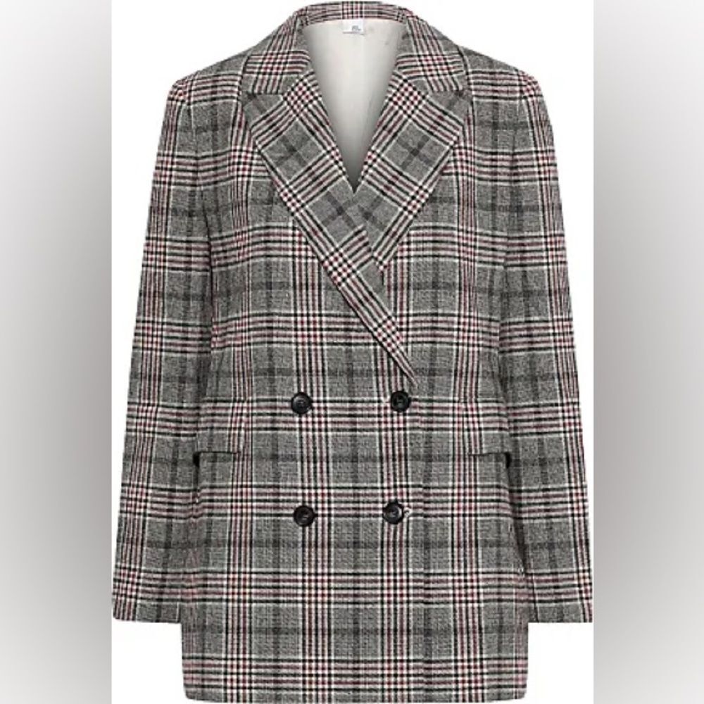 Iris & Ink Plaid Red Black Grey Wool Blend Long Blazer Sz 6 Academia Business